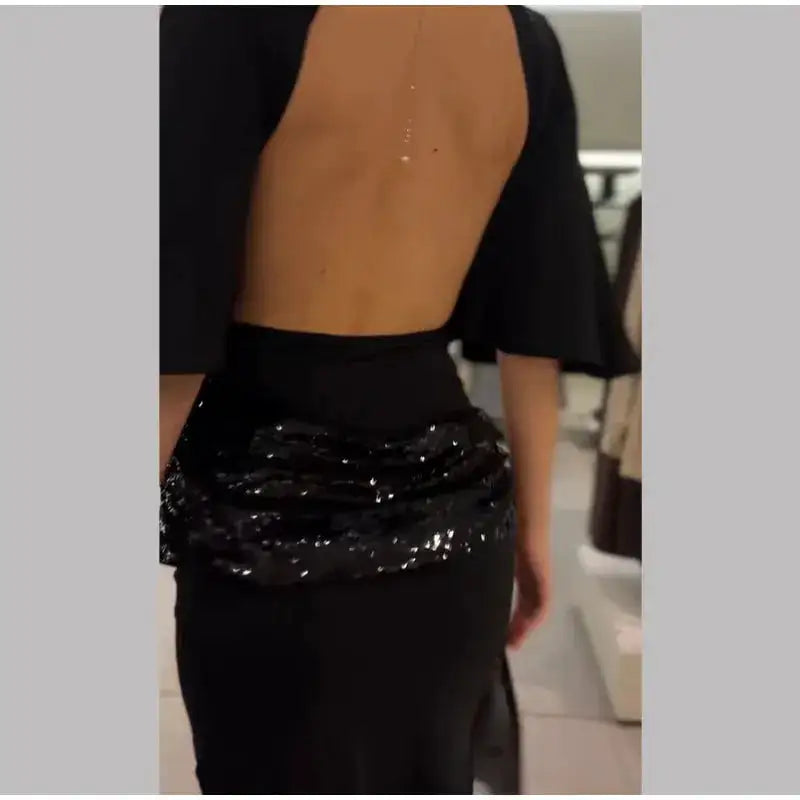Sequin Patchwork Backless Dress Women Elegant Solid Middle Sleeve Cinched-waist Slim Long Dresses Fashion Evening Party Vestidos by Dropshipman