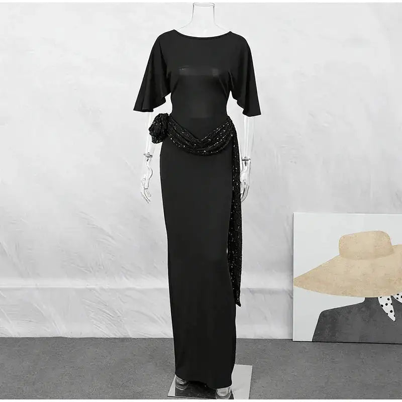 Sequin Patchwork Backless Dress Women Elegant Solid Middle Sleeve Cinched-waist Slim Long Dresses Fashion Evening Party Vestidos by Dropshipman