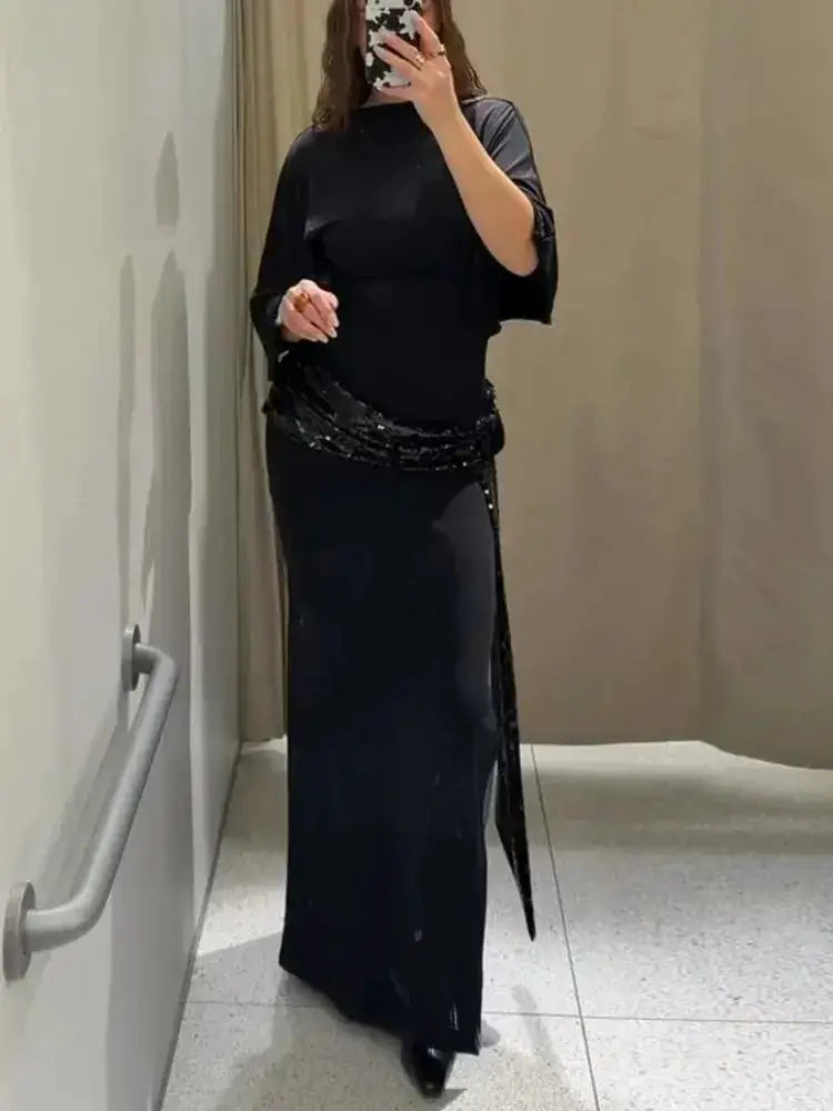 Sequin Patchwork Backless Dress Women Elegant Solid Middle Sleeve Cinched-waist Slim Long Dresses Fashion Evening Party Vestidos by Dropshipman