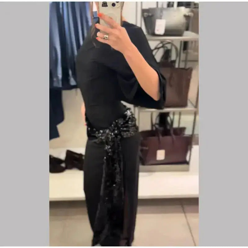Sequin Patchwork Backless Dress Women Elegant Solid Middle Sleeve Cinched-waist Slim Long Dresses Fashion Evening Party Vestidos by Dropshipman