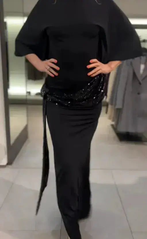 Sequin Patchwork Backless Dress Women Elegant Solid Middle Sleeve Cinched-waist Slim Long Dresses Fashion Evening Party Vestidos by Dropshipman