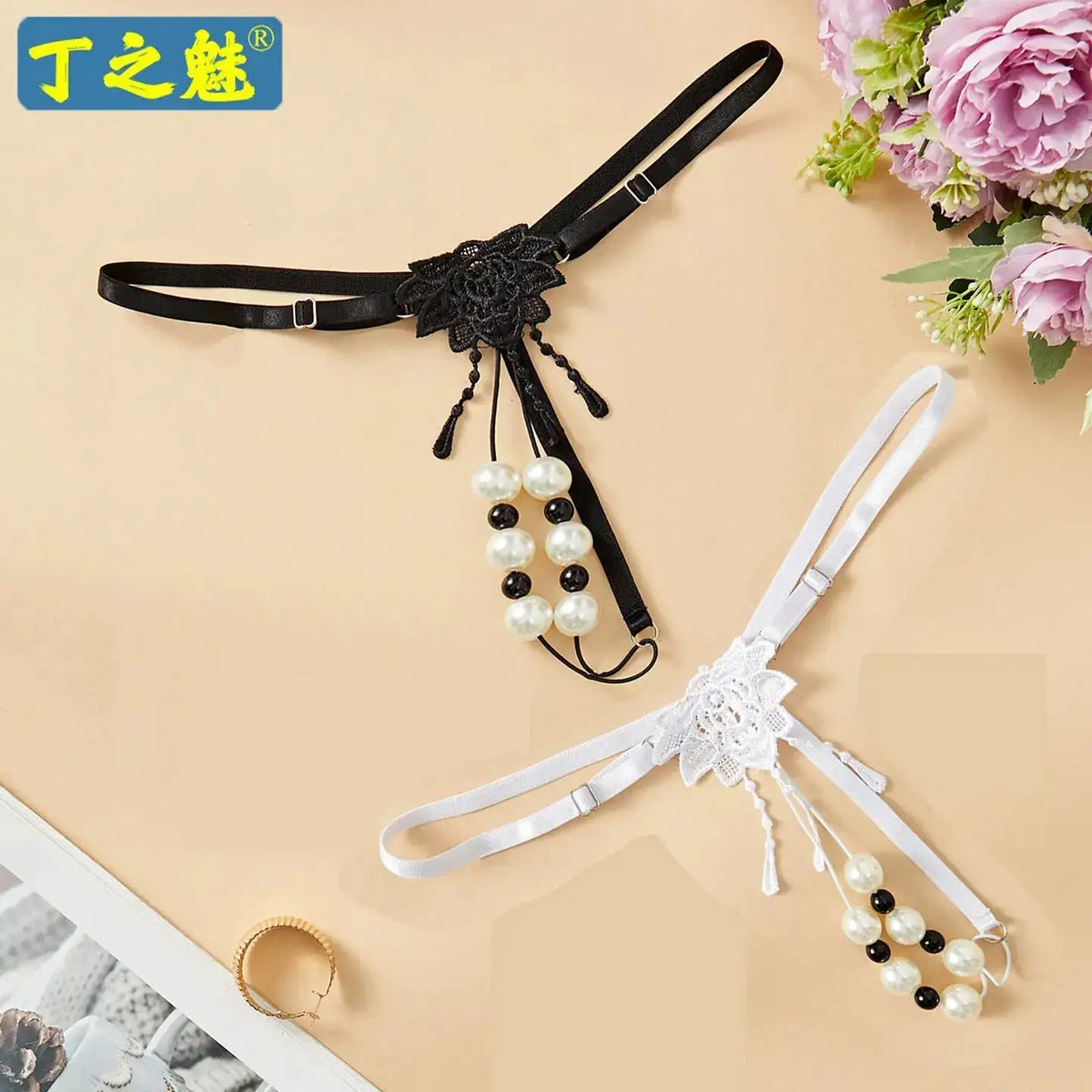 Sexy Underwear for Women, Thong Waist Adjustable Double Row Pearl Massage Open Crotch No Need to Take Off Couple Flirting T-Pants by Dropshipman