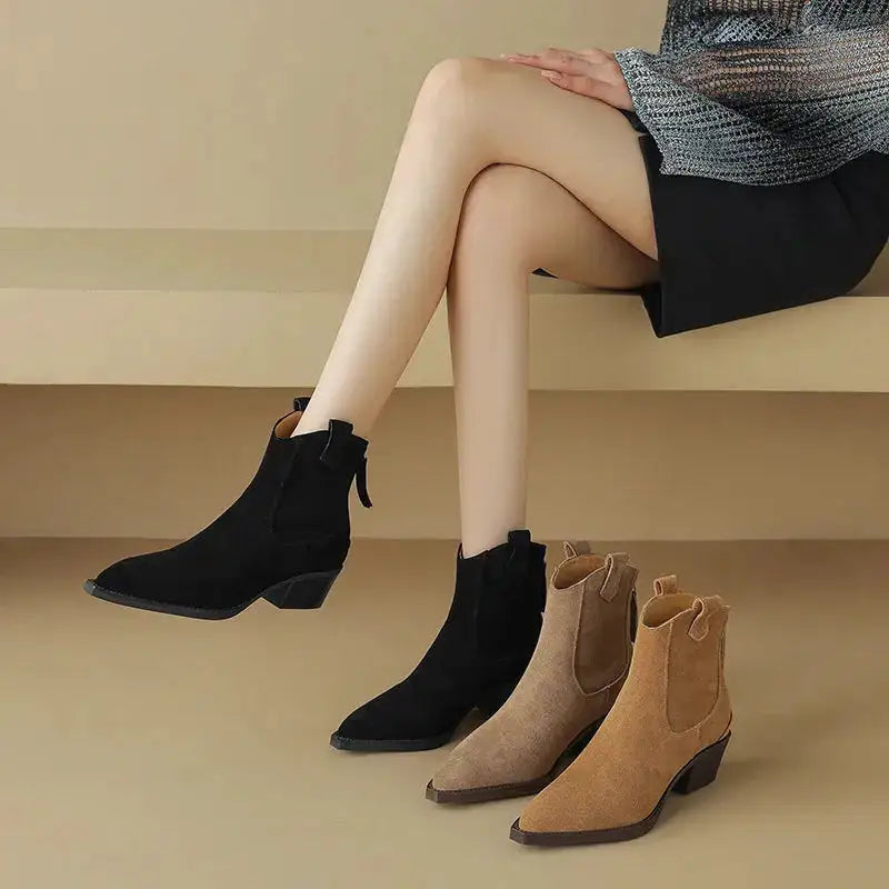 Cow Suede Women Western Boots Black Brown Khaki Mid Block Heels Back Zipper Pointed Toe Retro Ladies Autumn Winter Ankle Boots by Dropshipman