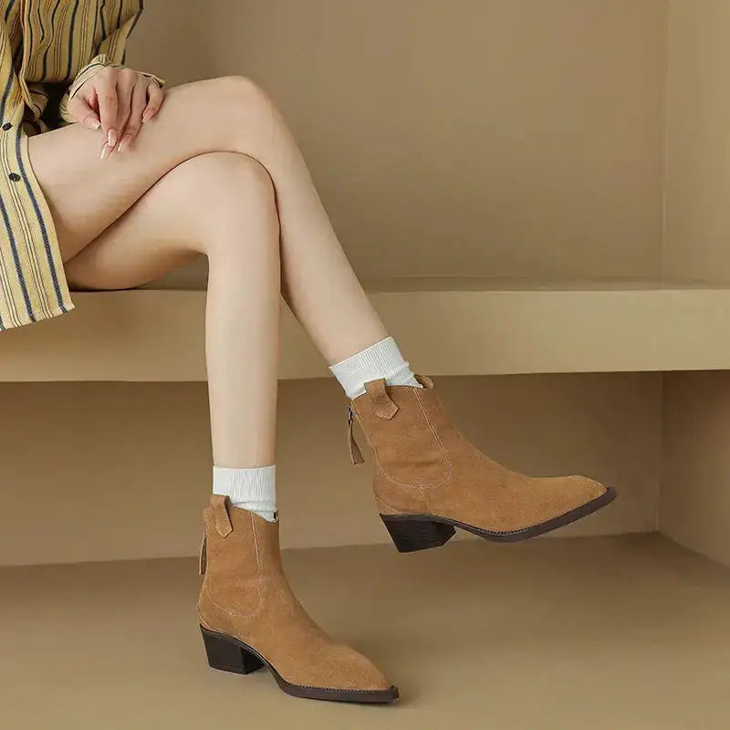 Cow Suede Women Western Boots Black Brown Khaki Mid Block Heels Back Zipper Pointed Toe Retro Ladies Autumn Winter Ankle Boots by Dropshipman
