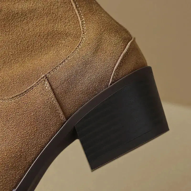 Cow Suede Women Western Boots Black Brown Khaki Mid Block Heels Back Zipper Pointed Toe Retro Ladies Autumn Winter Ankle Boots by Dropshipman