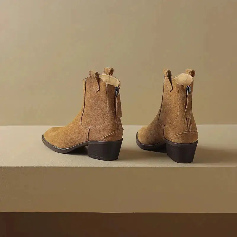 Cow Suede Women Western Boots Black Brown Khaki Mid Block Heels Back Zipper Pointed Toe Retro Ladies Autumn Winter Ankle Boots by Dropshipman