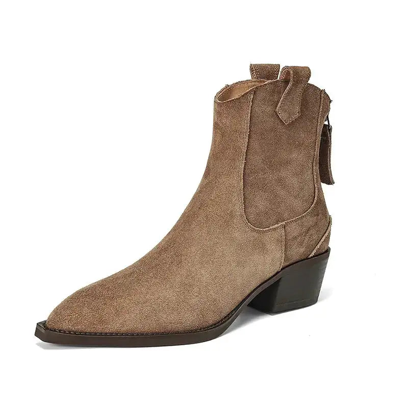 Cow Suede Women Western Boots Black Brown Khaki Mid Block Heels Back Zipper Pointed Toe Retro Ladies Autumn Winter Ankle Boots by Dropshipman