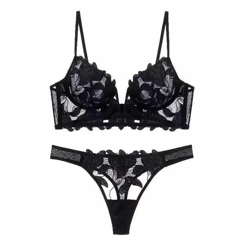 European and American sexy underwear French deep V embroidery stitching mesh lace underwear ultra-thin big chest small bra suit by Dropshipman