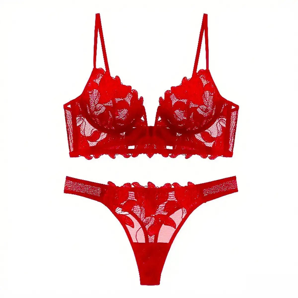 European and American sexy underwear French deep V embroidery stitching mesh lace underwear ultra-thin big chest small bra suit by Dropshipman