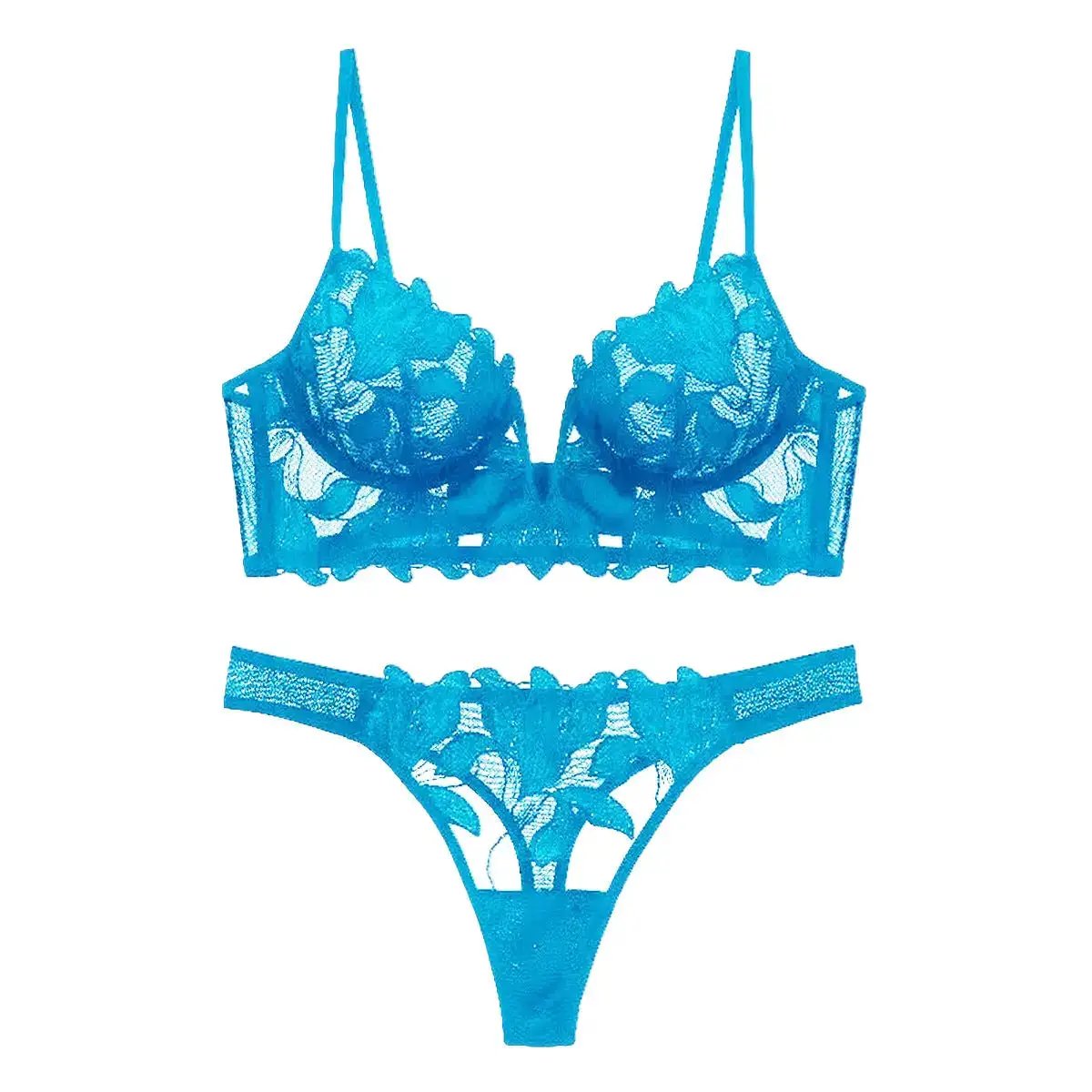 European and American sexy underwear French deep V embroidery stitching mesh lace underwear ultra-thin big chest small bra suit by Dropshipman