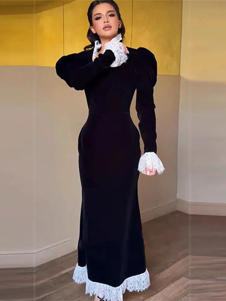 Sexy Lace Patchwork Velvet Long Dress Women Square Collar Full Sleeves Waist Slim Cinching Dresses 2026 Lady Party Vestidos New by Dropshipman