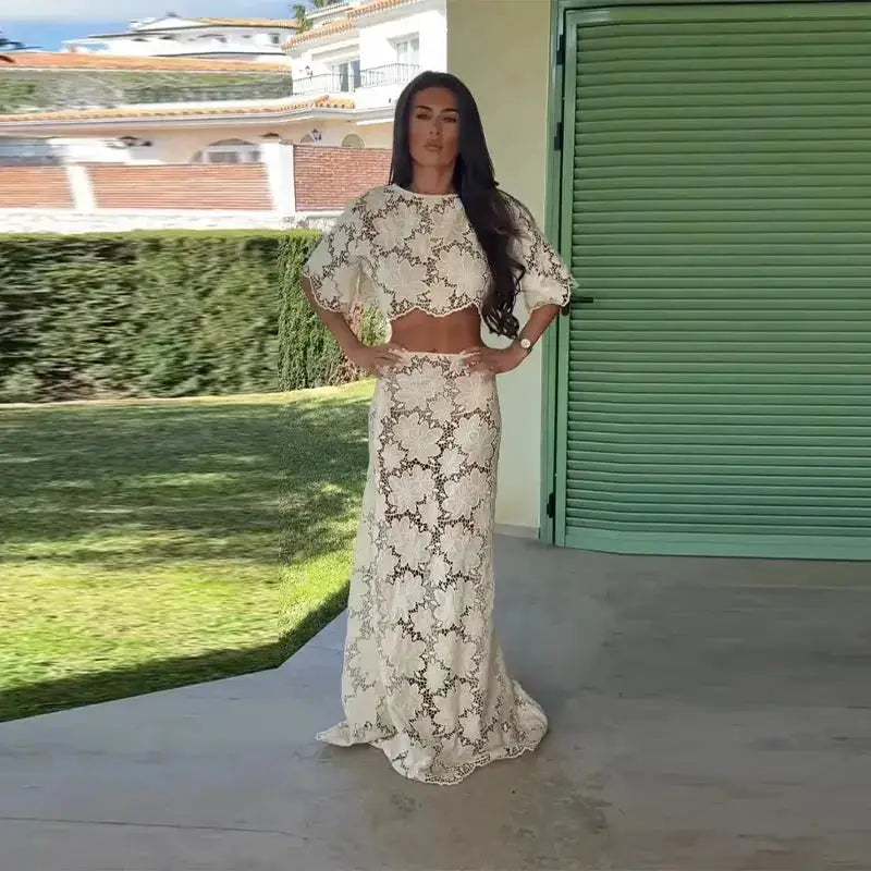 Flower Short Top Long Half Skirt Lady Set Round Neck Short Sleeve Tops High Waist Slim Maxi Skirts Sexy Fashion Women&