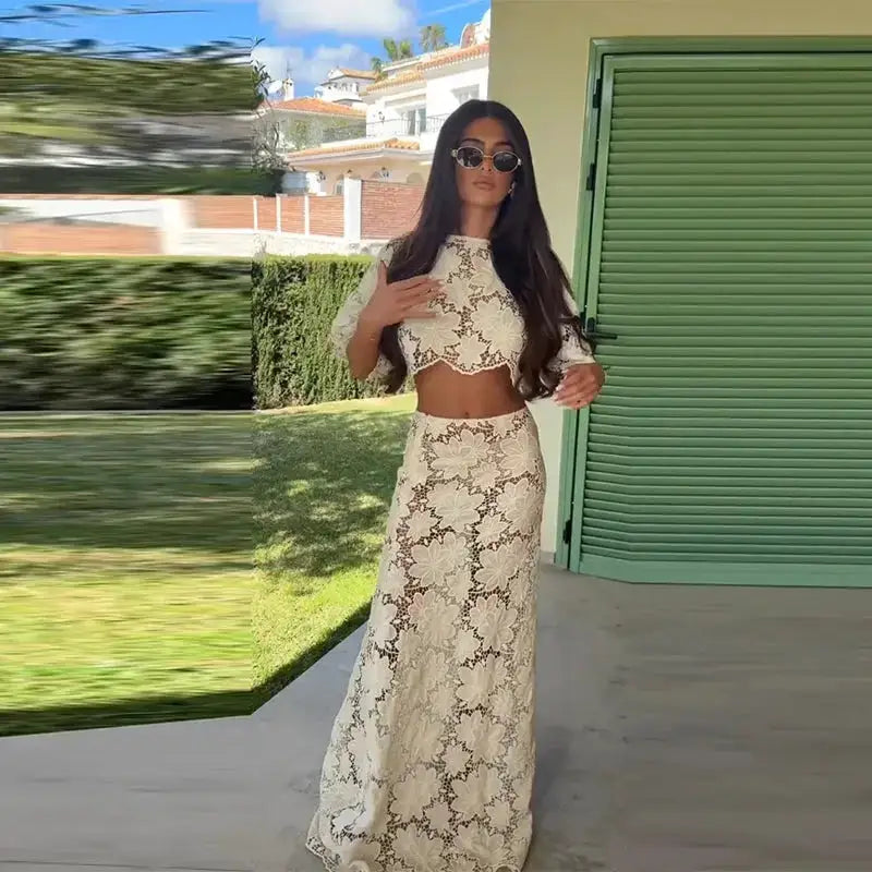 Flower Short Top Long Half Skirt Lady Set Round Neck Short Sleeve Tops High Waist Slim Maxi Skirts Sexy Fashion Women&