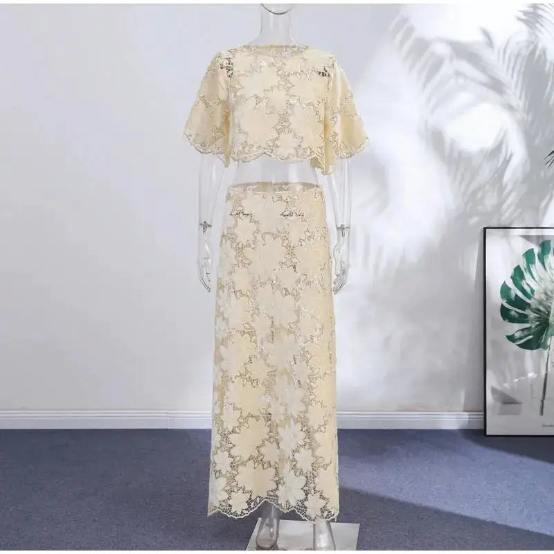 Flower Short Top Long Half Skirt Lady Set Round Neck Short Sleeve Tops High Waist Slim Maxi Skirts Sexy Fashion Women&