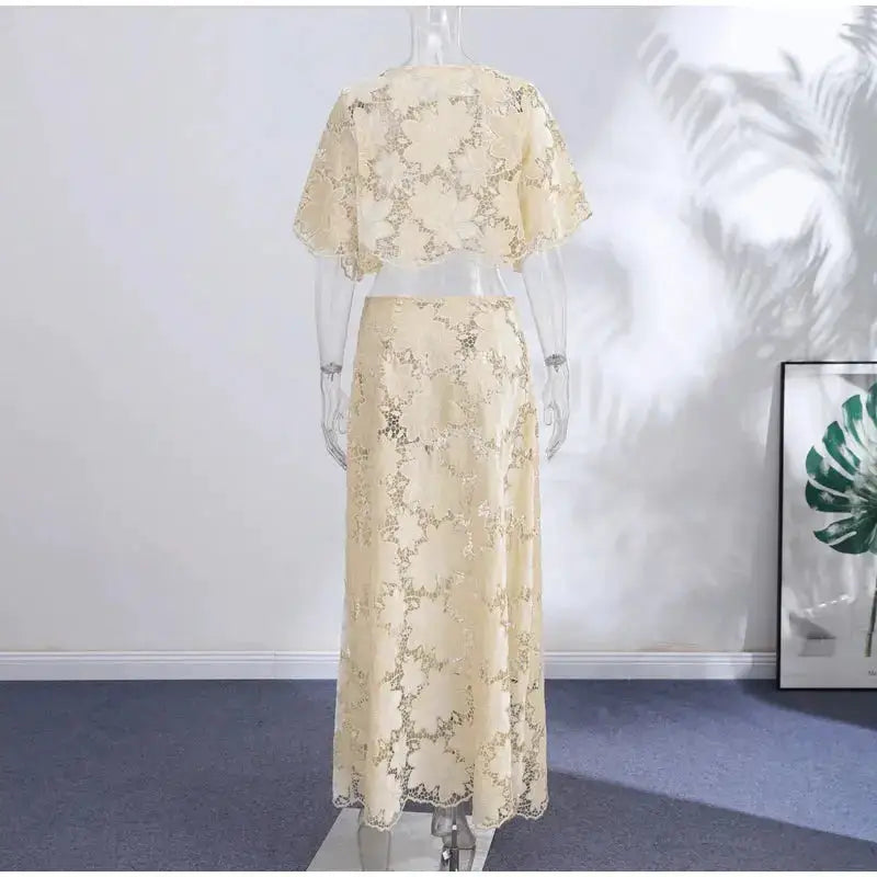 Flower Short Top Long Half Skirt Lady Set Round Neck Short Sleeve Tops High Waist Slim Maxi Skirts Sexy Fashion Women&