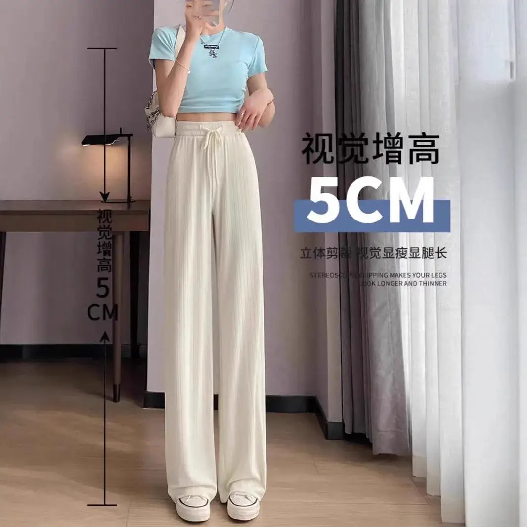 Ice Silk Wide-Leg Pants for Women, Summer Thin High-Waisted Drape Cool Mosquito-Proof Sun-Protective Casual Versatile Floor-Length Straight Pants by Dropshipman