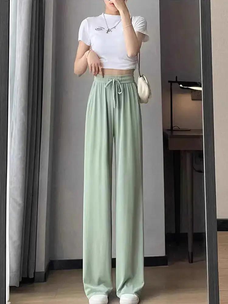 Ice Silk Wide-Leg Pants for Women, Summer Thin High-Waisted Drape Cool Mosquito-Proof Sun-Protective Casual Versatile Floor-Length Straight Pants by Dropshipman