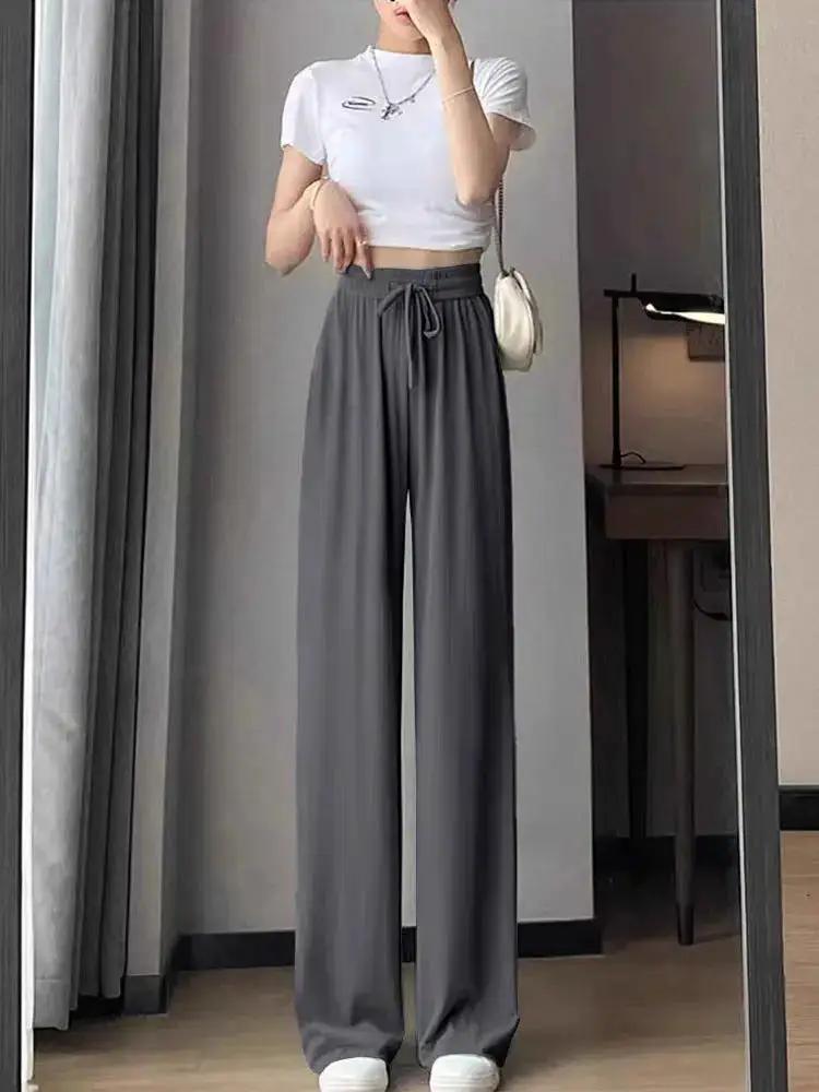 Ice Silk Wide-Leg Pants for Women, Summer Thin High-Waisted Drape Cool Mosquito-Proof Sun-Protective Casual Versatile Floor-Length Straight Pants by Dropshipman