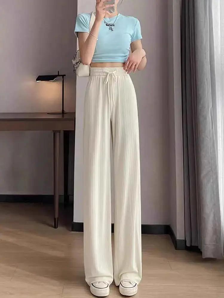 Ice Silk Wide-Leg Pants for Women, Summer Thin High-Waisted Drape Cool Mosquito-Proof Sun-Protective Casual Versatile Floor-Length Straight Pants by Dropshipman
