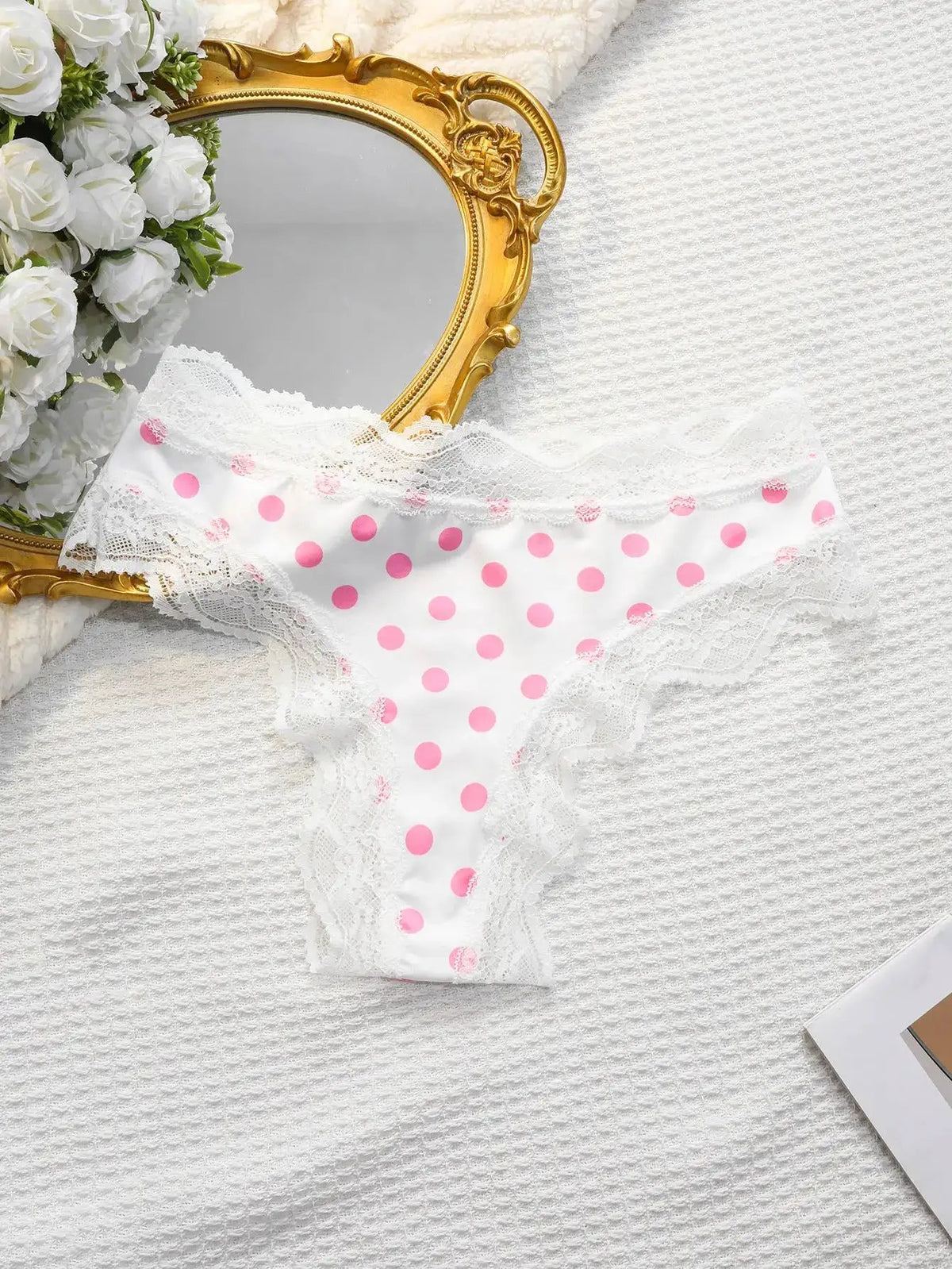 Japanese Sweet Girl Triangle Panties Polka Dot Milk Silk Thong Mid-Low Waist Lace Comfortable Cotton Crotch 465 by Dropshipman