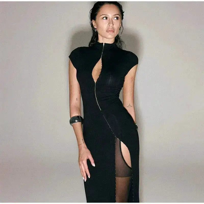 Y2k Black Hollow Out Slit Dress Women Solid Short Sleeve High Neck Slim Fit Maxi Dresses Lady Fashion Evening Party Club Robe by Dropshipman