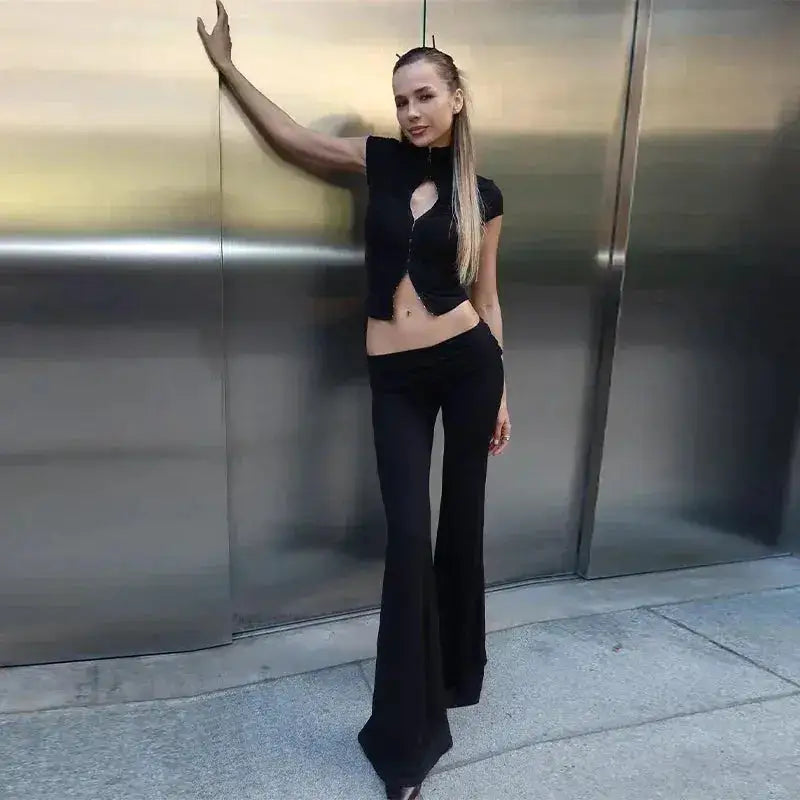 Y2k Black Hollow Out Slit Dress Women Solid Short Sleeve High Neck Slim Fit Maxi Dresses Lady Fashion Evening Party Club Robe by Dropshipman