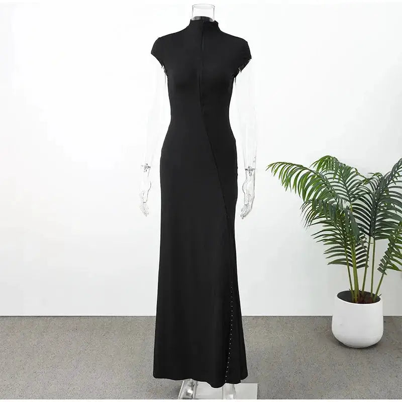 Y2k Black Hollow Out Slit Dress Women Solid Short Sleeve High Neck Slim Fit Maxi Dresses Lady Fashion Evening Party Club Robe by Dropshipman