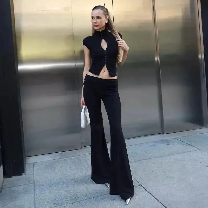 Y2k Black Hollow Out Slit Dress Women Solid Short Sleeve High Neck Slim Fit Maxi Dresses Lady Fashion Evening Party Club Robe by Dropshipman