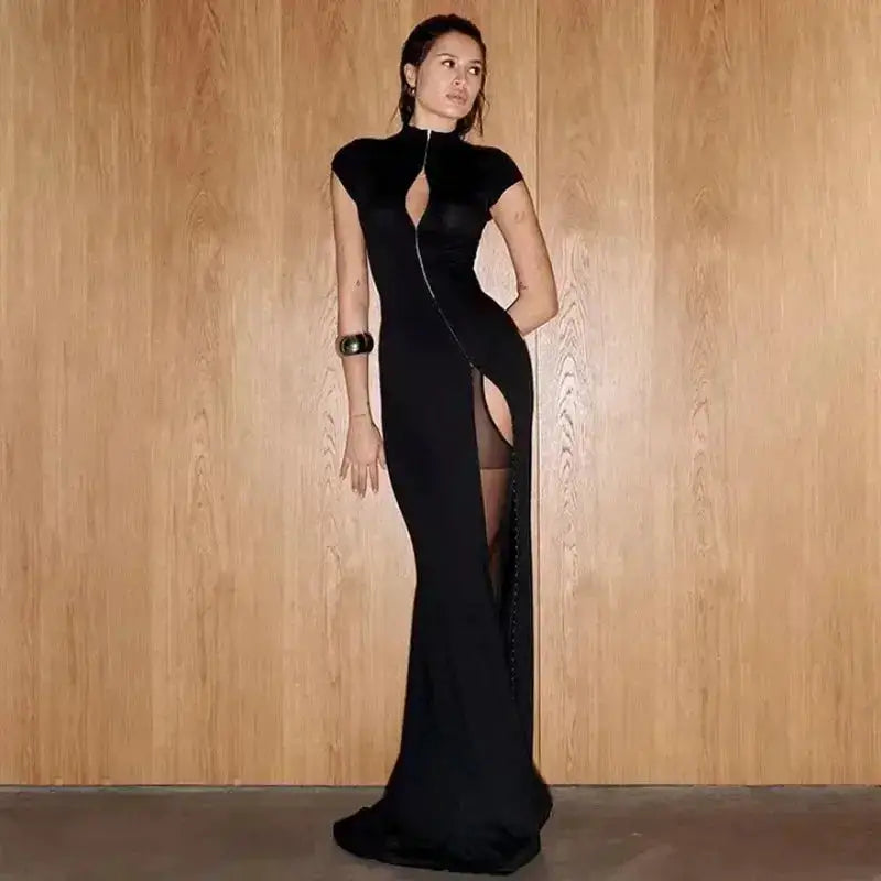 Y2k Black Hollow Out Slit Dress Women Solid Short Sleeve High Neck Slim Fit Maxi Dresses Lady Fashion Evening Party Club Robe by Dropshipman
