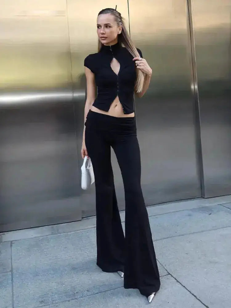 Y2k Black Hollow Out Slit Dress Women Solid Short Sleeve High Neck Slim Fit Maxi Dresses Lady Fashion Evening Party Club Robe by Dropshipman
