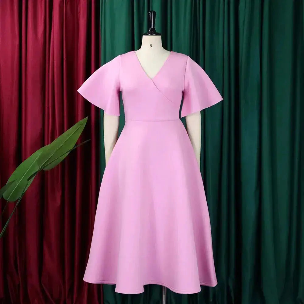 Elegant Dresses for Women V Neck Flare Sleeve High Waisted Pleated A Line Mid Calf Luxury Birthday Party Dinner Vestidos Mujer by Dropshipman