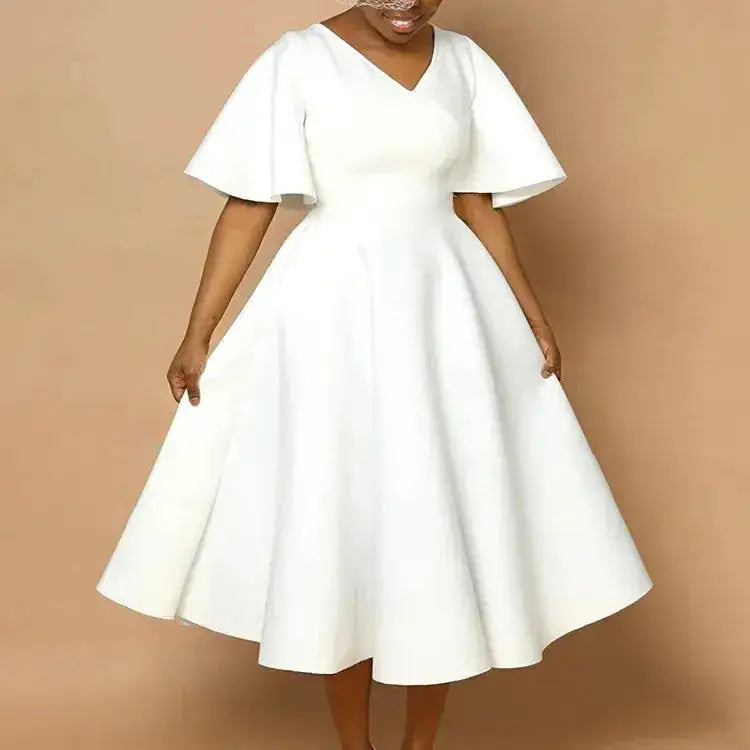 Elegant Dresses for Women V Neck Flare Sleeve High Waisted Pleated A Line Mid Calf Luxury Birthday Party Dinner Vestidos Mujer by Dropshipman