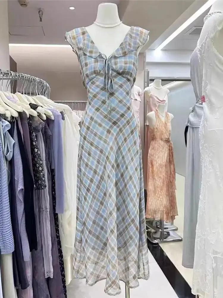 Fashion New Summer French Elegant Temperament Gentle Ruffled Plaid Dress Women&