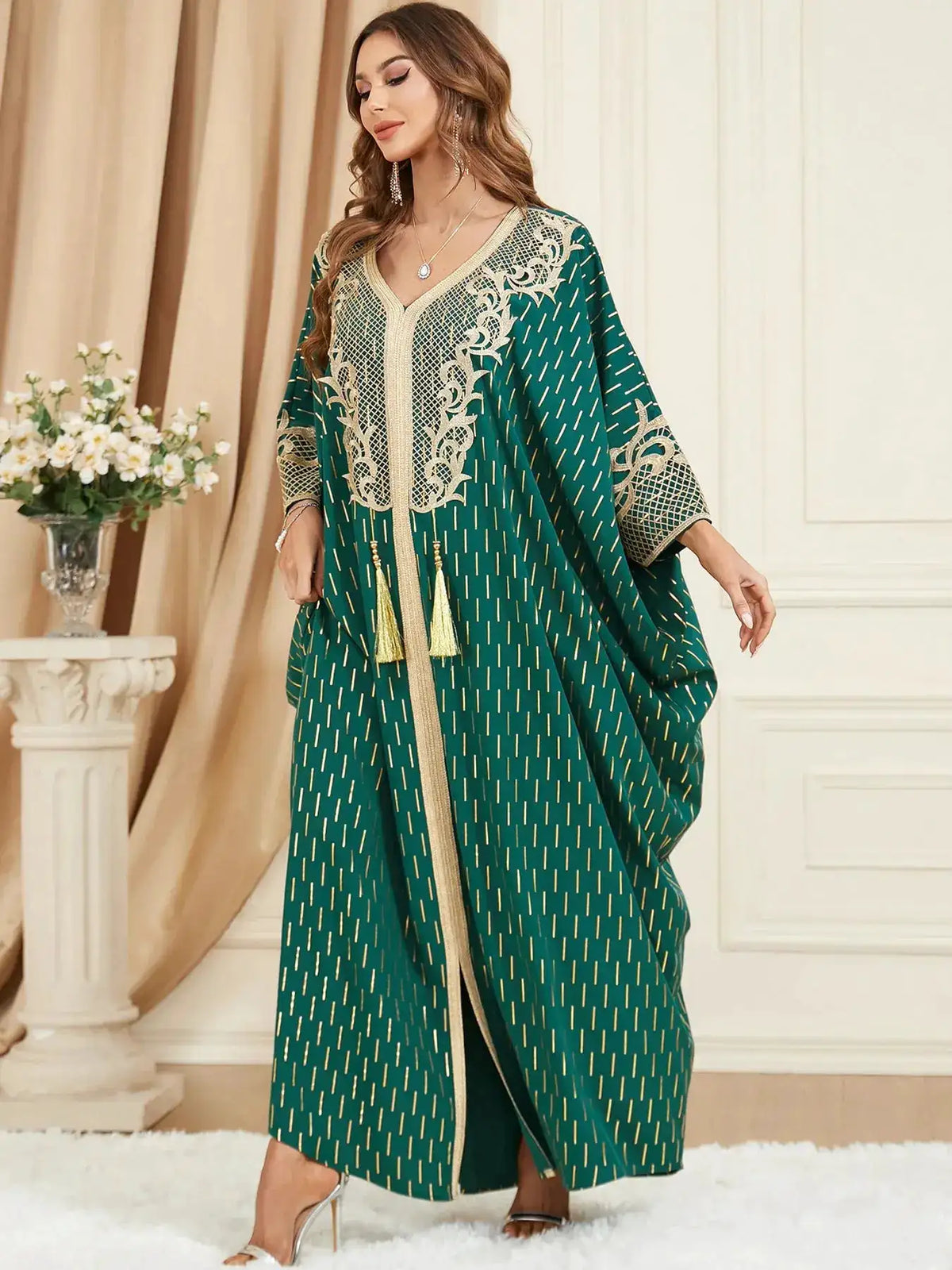 Muslim Dresses Women Elegant Long Robe Middle East Dubai Loose Abaya Bat Sleeve V-neck Tassel Evening Dress Femme Party Vestidos by Dropshipman