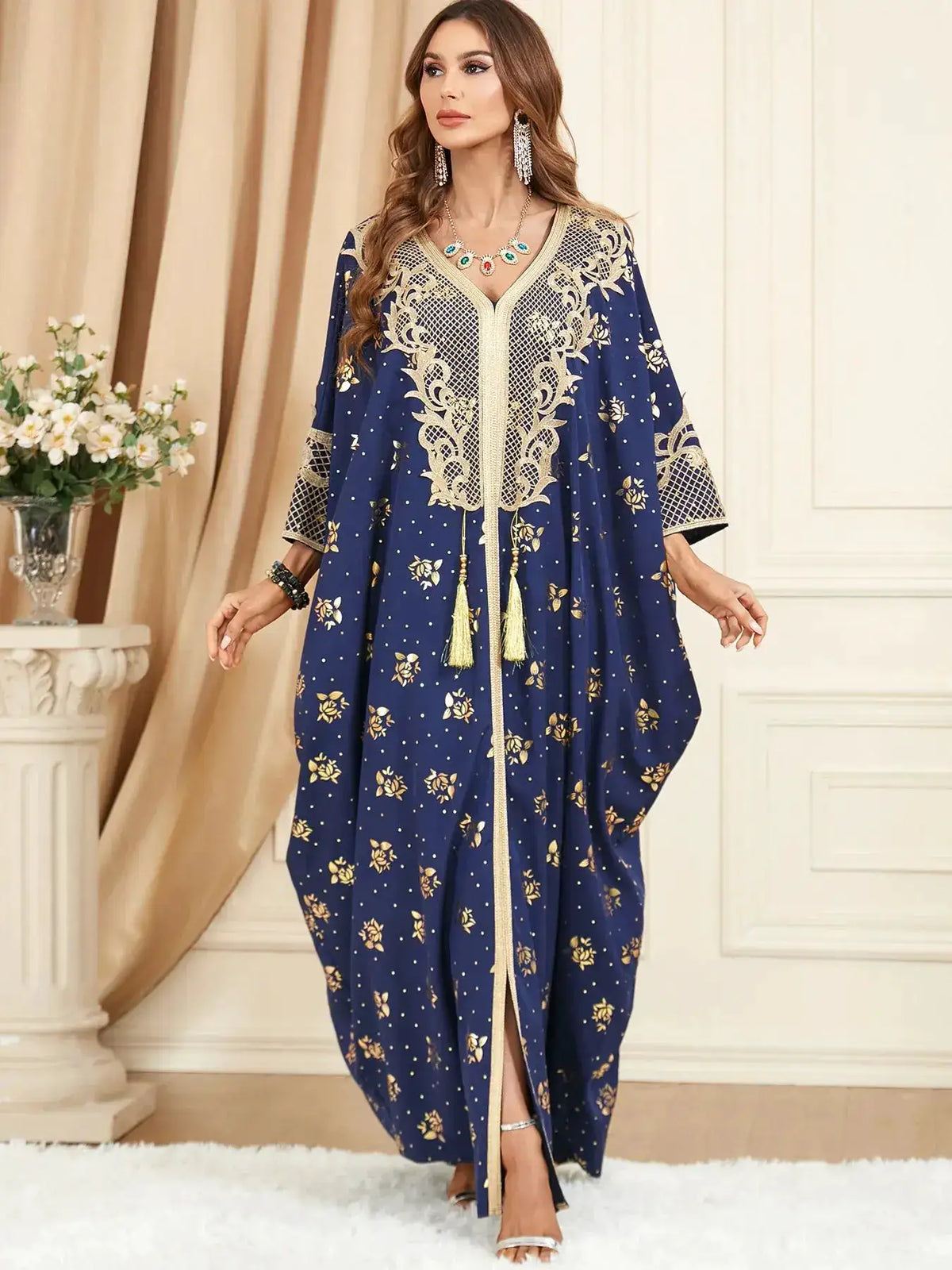Muslim Dresses Women Elegant Long Robe Middle East Dubai Loose Abaya Bat Sleeve V-neck Tassel Evening Dress Femme Party Vestidos by Dropshipman