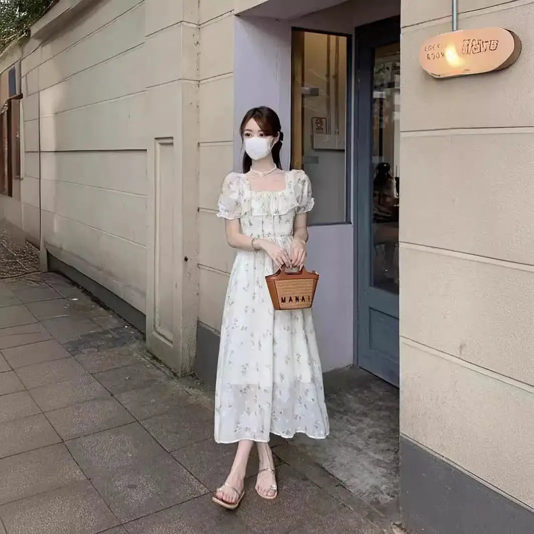 Gentle Floral Dress for Women, Summer 2026 New Chiffon Seaside Vacation First Love Dress, Puff Sleeve Long Dress by Dropshipman
