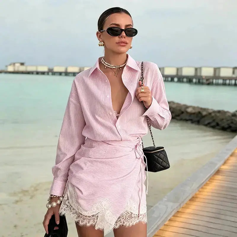 Striped Mini Dress Women Lapel Single Breasted Long Sleeves Lace Patchwork Waistband Robe Female 2026 Summer Beach Vacation Sets by Dropshipman
