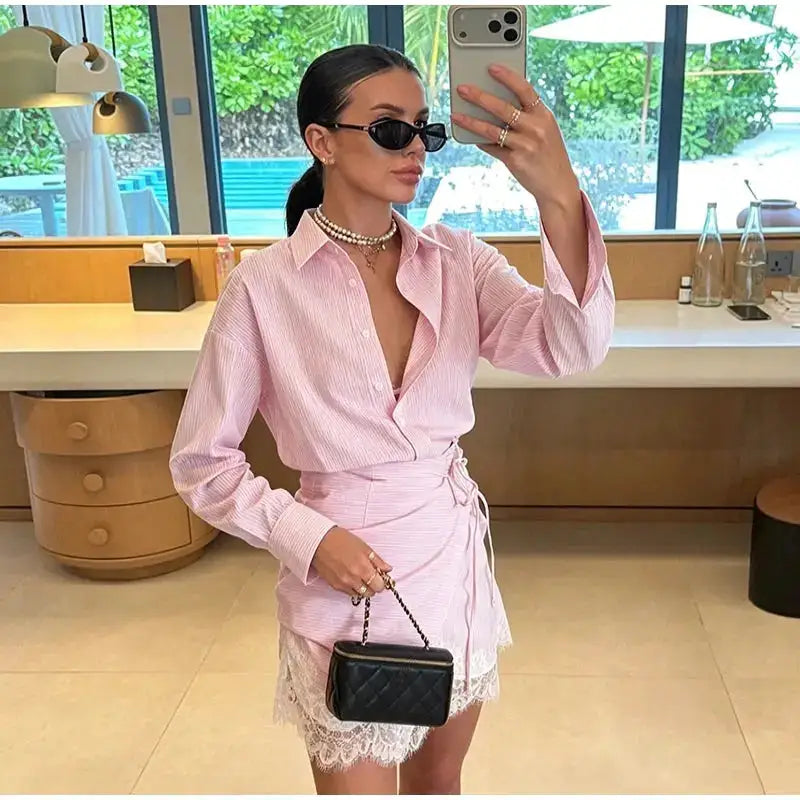 Striped Mini Dress Women Lapel Single Breasted Long Sleeves Lace Patchwork Waistband Robe Female 2026 Summer Beach Vacation Sets by Dropshipman
