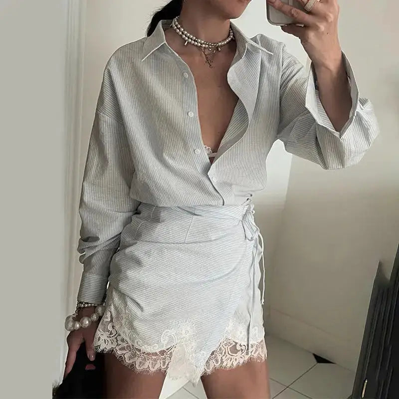 Striped Mini Dress Women Lapel Single Breasted Long Sleeves Lace Patchwork Waistband Robe Female 2026 Summer Beach Vacation Sets by Dropshipman