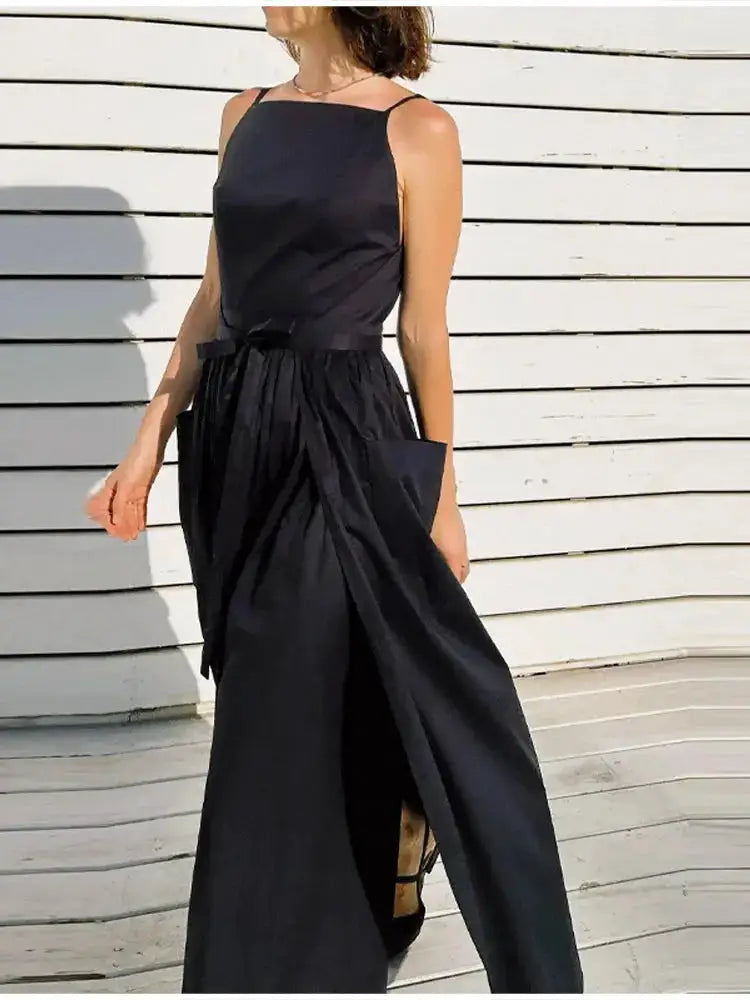 2026 Elegant Solid Lace Up Pleated Dress Women Chic Square Neck Sleeveless High Waist Spaghetti Strap Gowns Lady Daily Date Wear by Dropshipman