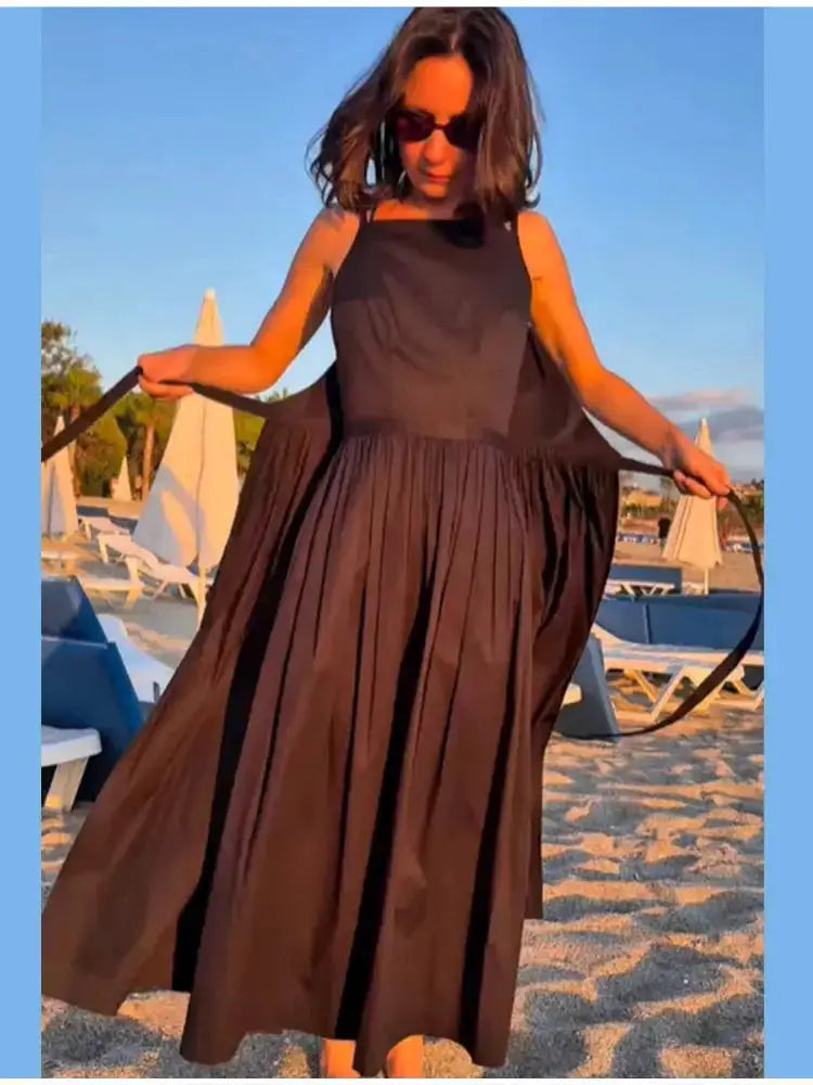 2026 Elegant Solid Lace Up Pleated Dress Women Chic Square Neck Sleeveless High Waist Spaghetti Strap Gowns Lady Daily Date Wear by Dropshipman