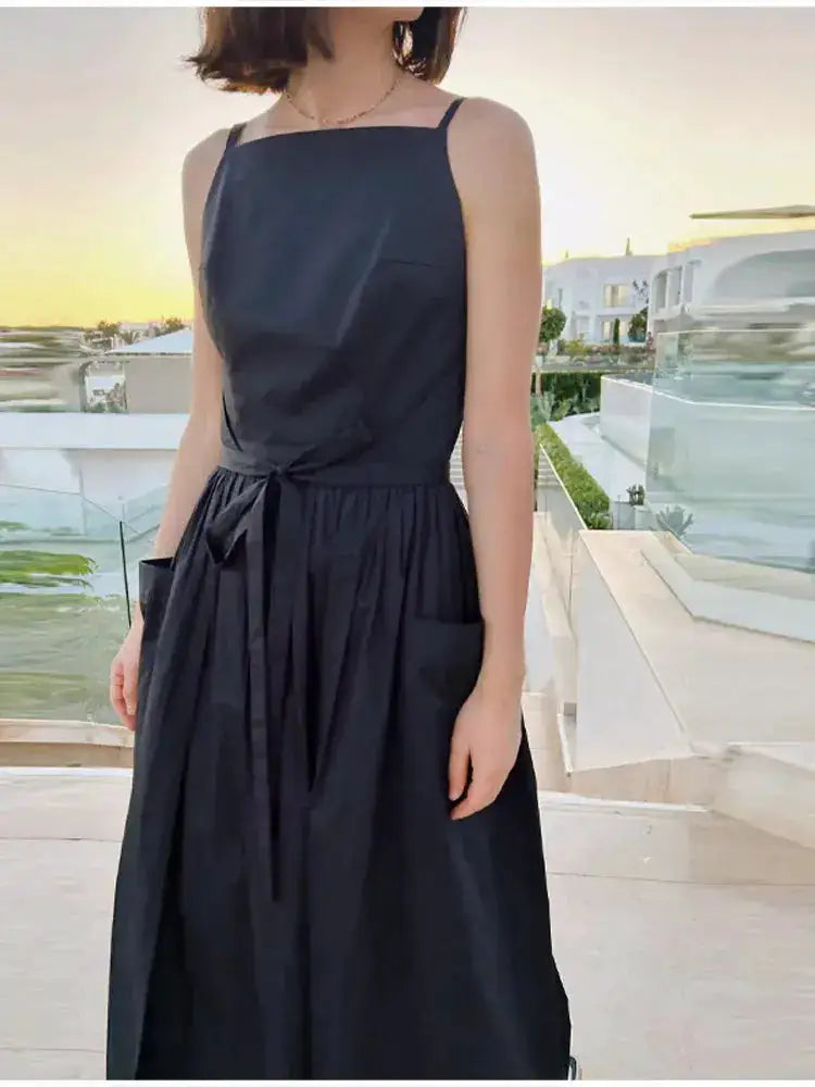2026 Elegant Solid Lace Up Pleated Dress Women Chic Square Neck Sleeveless High Waist Spaghetti Strap Gowns Lady Daily Date Wear by Dropshipman