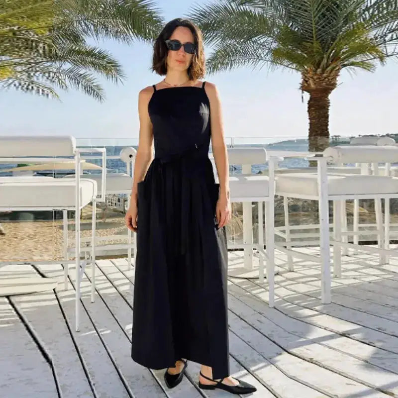 2026 Elegant Solid Lace Up Pleated Dress Women Chic Square Neck Sleeveless High Waist Spaghetti Strap Gowns Lady Daily Date Wear by Dropshipman