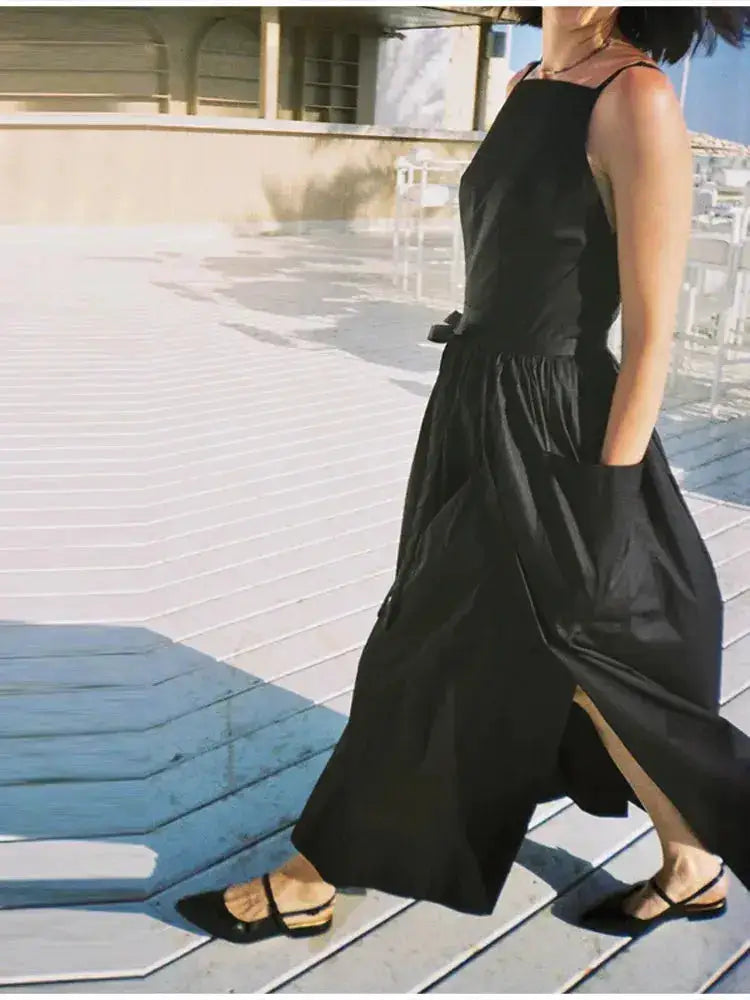 2026 Elegant Solid Lace Up Pleated Dress Women Chic Square Neck Sleeveless High Waist Spaghetti Strap Gowns Lady Daily Date Wear by Dropshipman