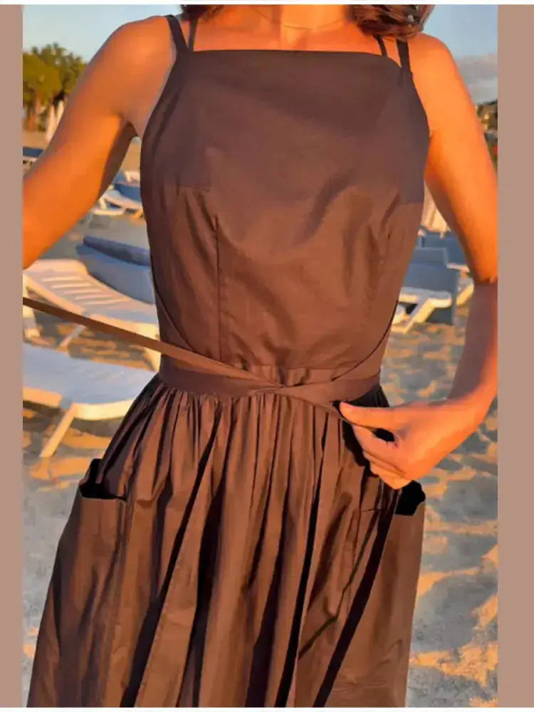 2026 Elegant Solid Lace Up Pleated Dress Women Chic Square Neck Sleeveless High Waist Spaghetti Strap Gowns Lady Daily Date Wear by Dropshipman