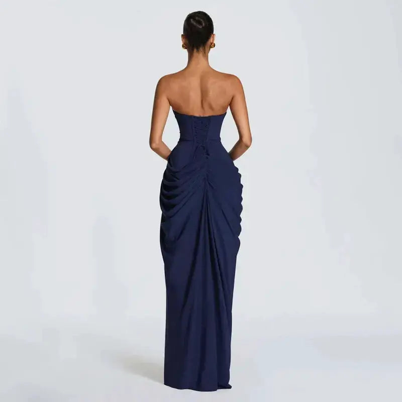 Elegant Solid Strapless Pleated Dress Women Chic Sleeveless Waist Cinching Split Maxi Vestidos 2026 Lady Evening Party Dresses by Dropshipman