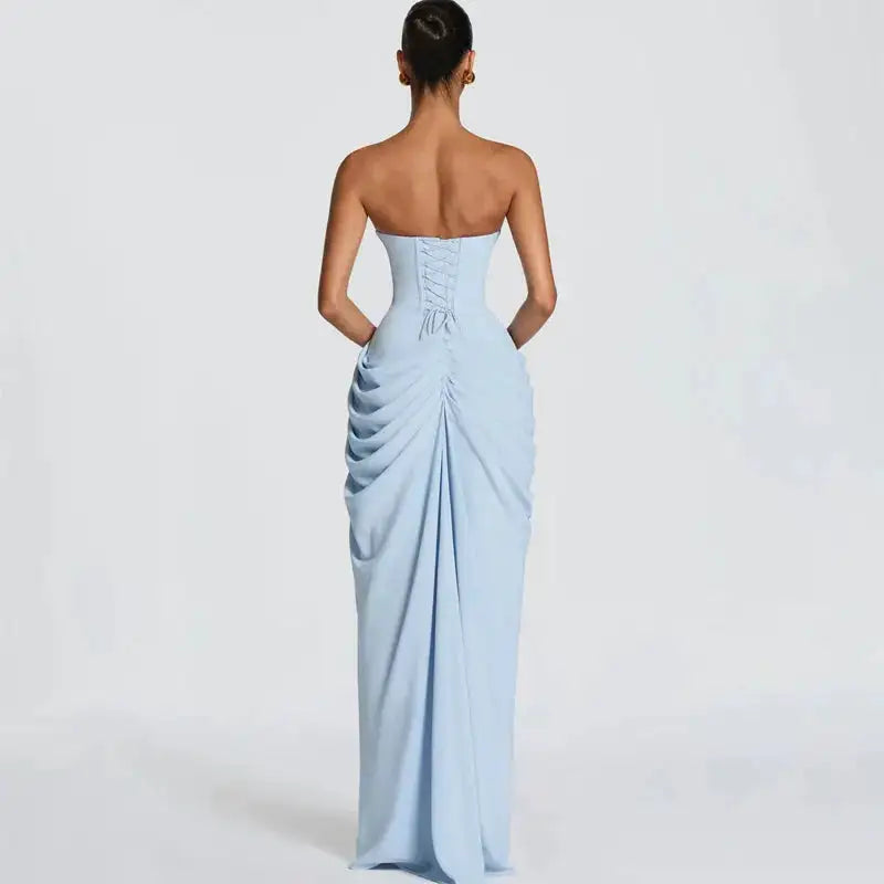 Elegant Solid Strapless Pleated Dress Women Chic Sleeveless Waist Cinching Split Maxi Vestidos 2026 Lady Evening Party Dresses by Dropshipman
