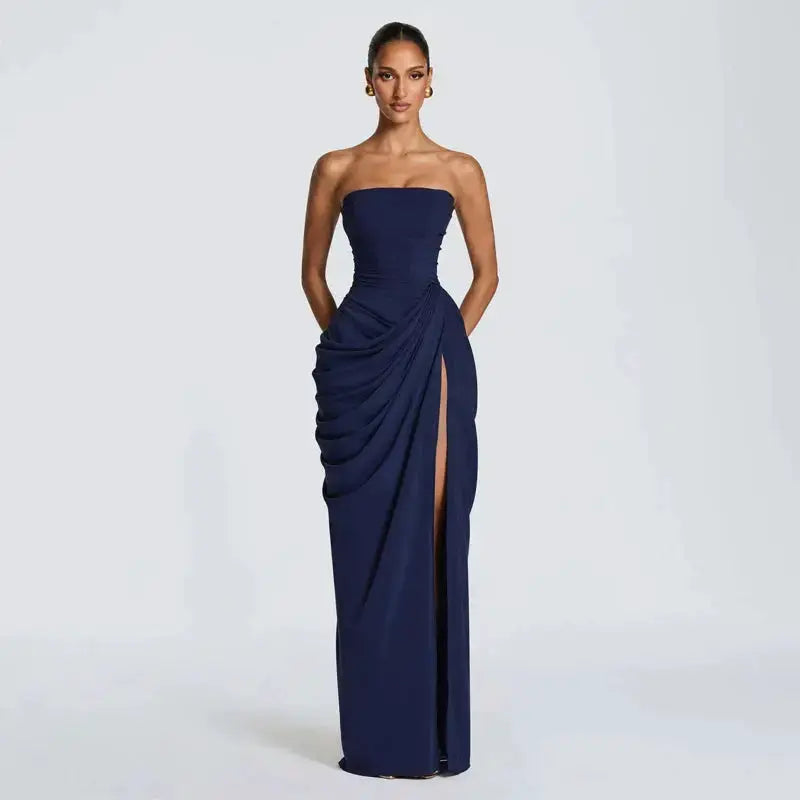 Elegant Solid Strapless Pleated Dress Women Chic Sleeveless Waist Cinching Split Maxi Vestidos 2026 Lady Evening Party Dresses by Dropshipman