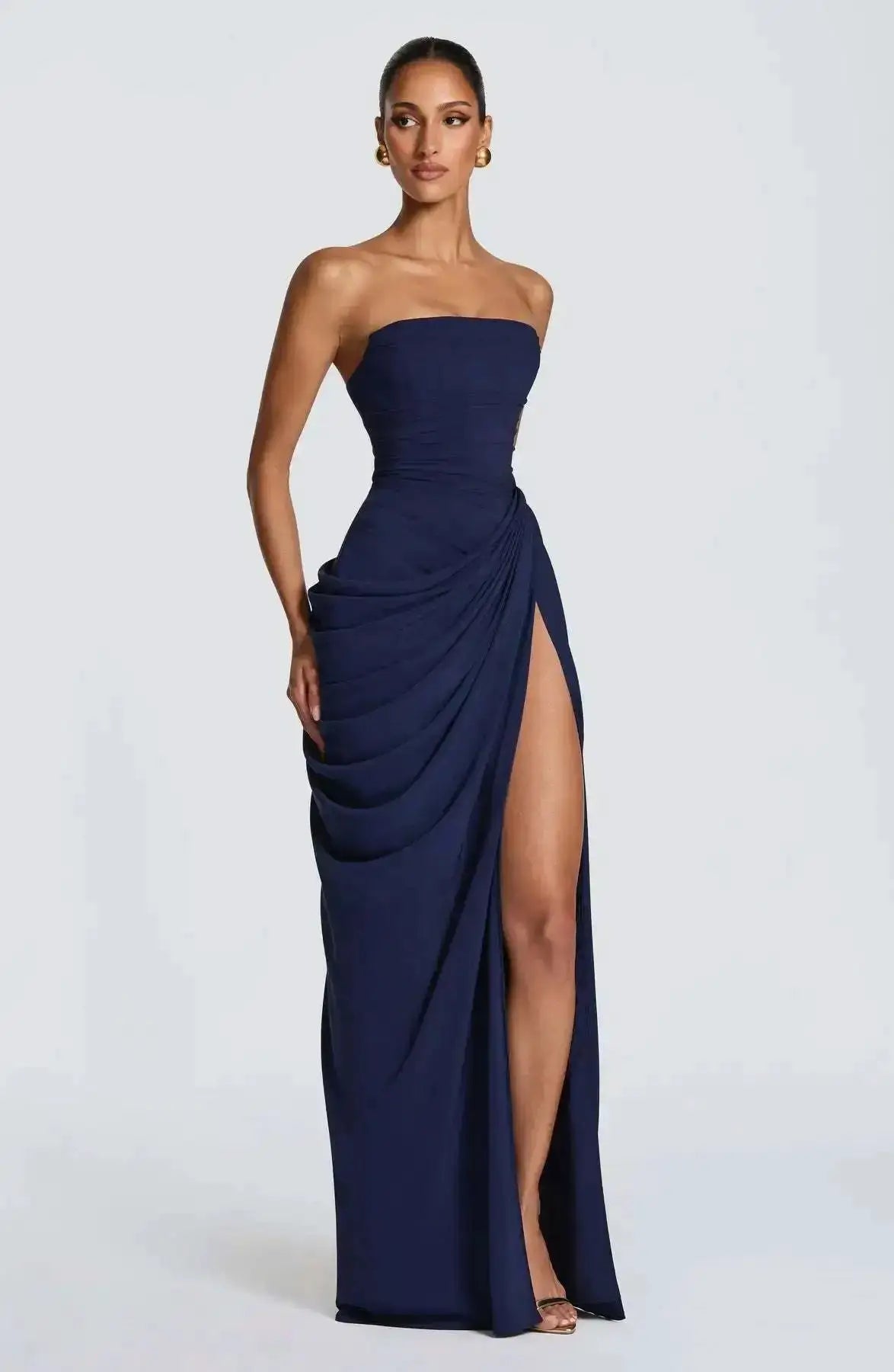 Elegant Solid Strapless Pleated Dress Women Chic Sleeveless Waist Cinching Split Maxi Vestidos 2026 Lady Evening Party Dresses by Dropshipman