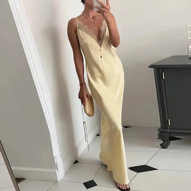 Elegant Lace Satin Spliced Women&